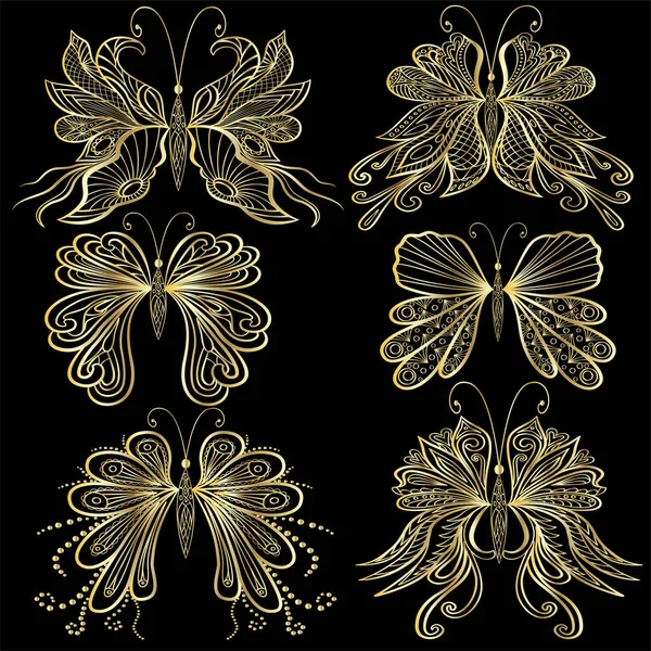 Sada Zlatých Motýlů Vektorová Ilustrace — Stockový vektor