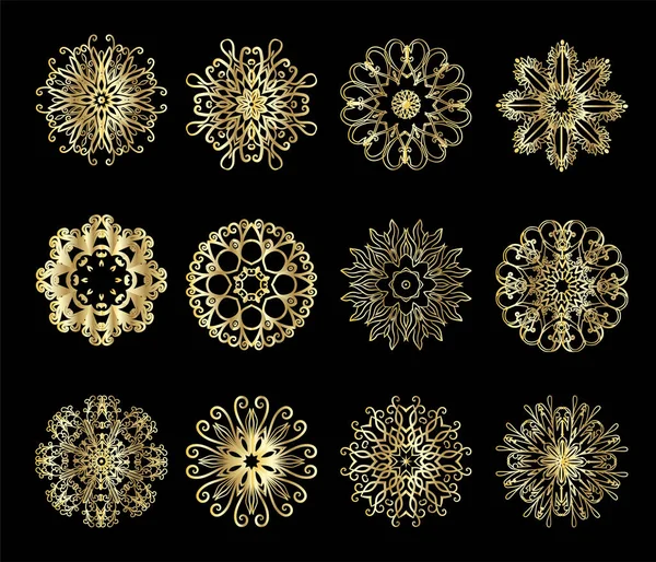 一组矢量曼陀罗模式 雪花的 曼德勒的 雪花的 元素的 — 图库矢量图片