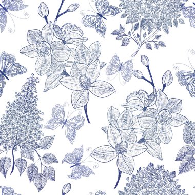 Çiçeklerle kusursuz desen. El çizimi vektör illüstrasyonu.