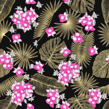 Tropik çiçekler, yapraklar, böğürtlenler, yıldızlar ve siyah arkaplan ile kusursuz desen.