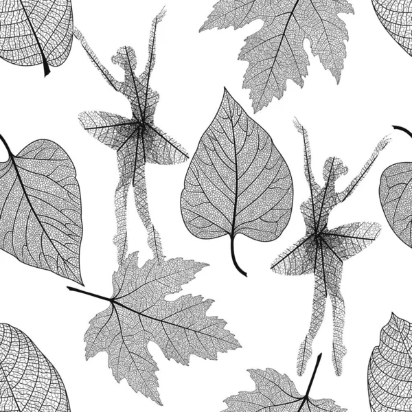 Seamless Pattern Black White Leaves Tree Background Shadow — Vettoriale Stock