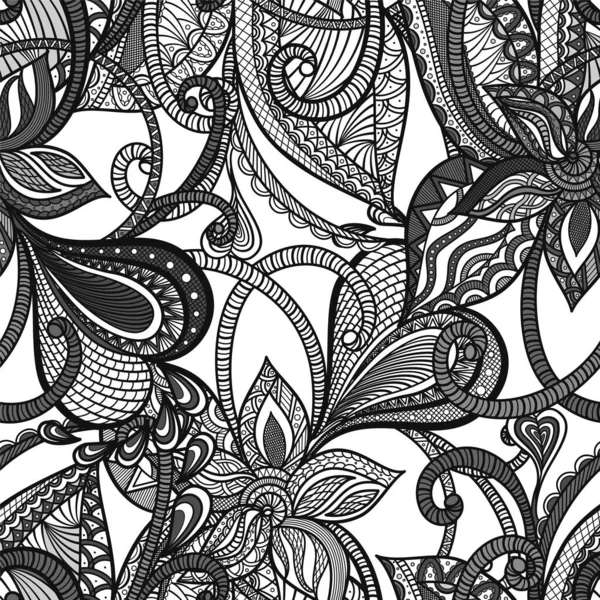 Seamless Background Hand Drawn Doodle Paisley Floral Elements Ethnic Texture — Vetor de Stock