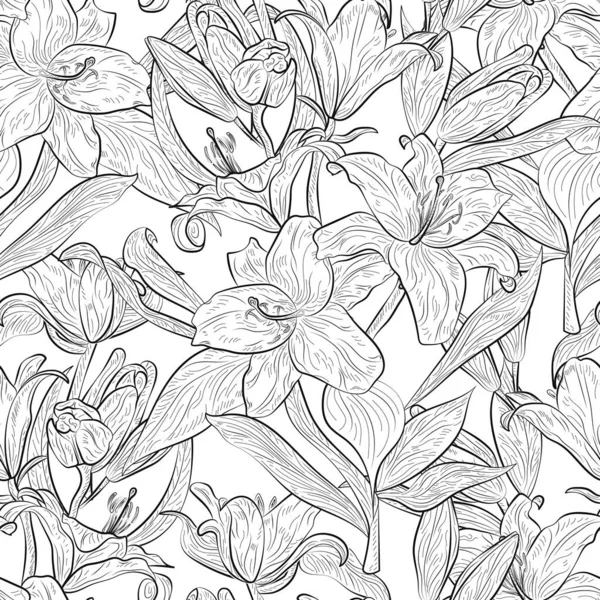 Vektorové Bezešvé Vzor Liliovými Květy Listy — Stockový vektor
