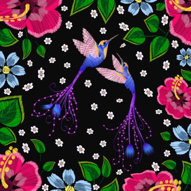 Renkli sinekkuşu desenli işlemeli güzel bir arka plan ve tasarımın için çiçekler. Vektör illüstrasyonu.