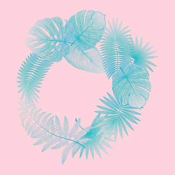 Fleurs Feuilles Tropicales Illustration Vecteur Sur Bleu Rose — Image vectorielle