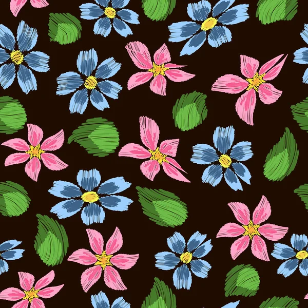 Seamless Pattern Embroidery Colorful Flowers Your Design Vector Illustration — Stockvektor