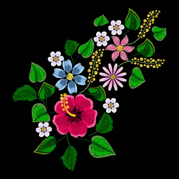 Embroidery Flowers Leaves Black Background Vector Illustration — Stok Vektör