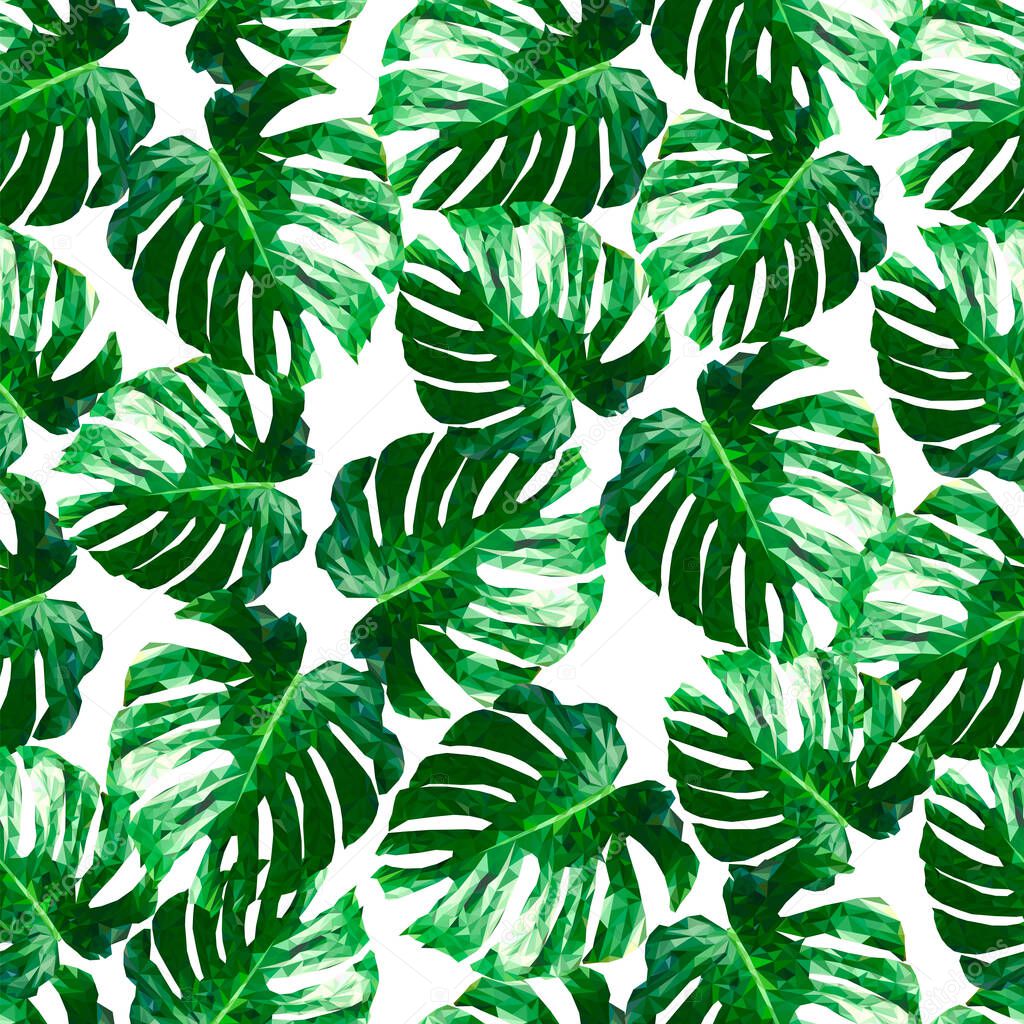 Seamless pattern with tropical leaf palm. Triangle style. Polygonal vector illustration.