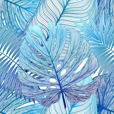 Tropikal yapraklarla kusursuz desen. Vektör illüstrasyonu