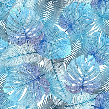 Tropikal yapraklarla kusursuz desen. Vektör illüstrasyonu