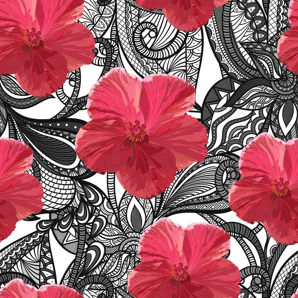 Seamless Pattern Hibiscus Roses Vector Illustration —  Vetores de Stock