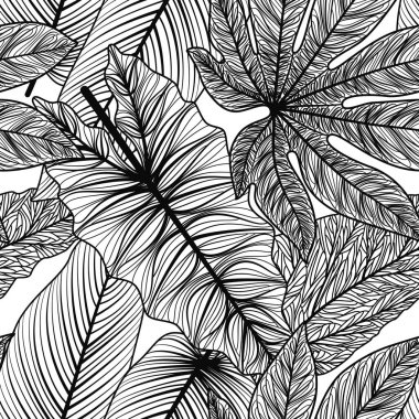 Elle çizilmiş yapraklarla kusursuz desen. siyah ve beyaz.