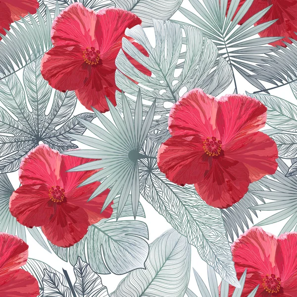 Seamless Pattern Tropical Plants White Background — Stok Vektör