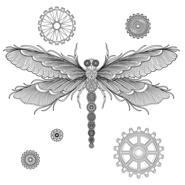 黑色和白色手绘纹身草图 有翅膀 昆虫和昆虫 与灰色背景隔离 — 图库矢量图片