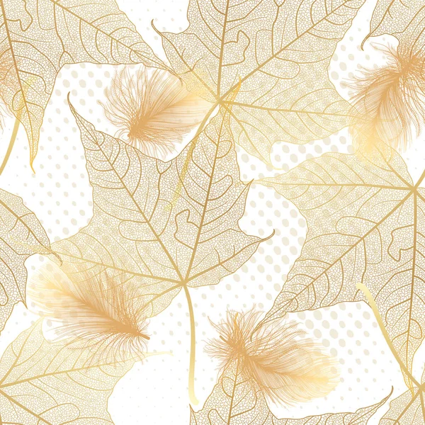 Seamless Pattern Gold Maple Leaves Gold Feather Vector Illustration — Stockový vektor