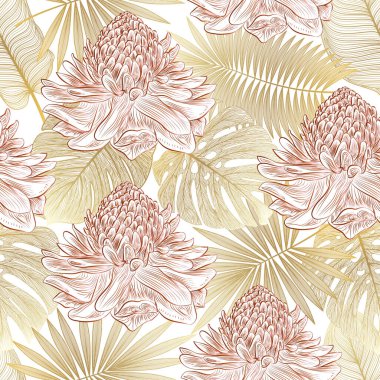 Tropikal yapraklarla kusursuz desen. Vektör illüstrasyonu