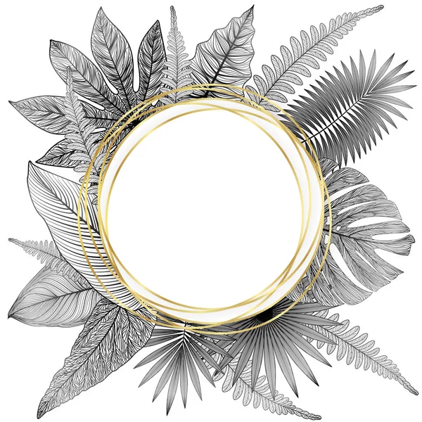 Hand Drawn Illustration Golden Frame Wreath Leaves — Archivo Imágenes Vectoriales