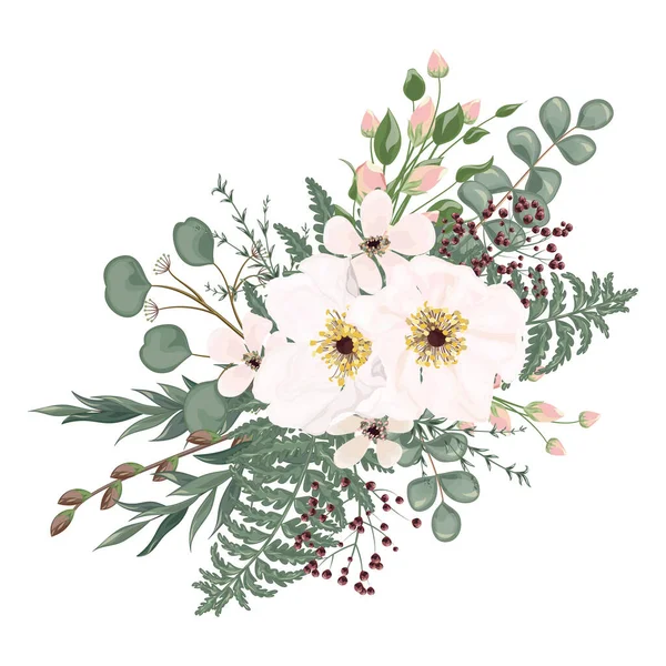 Ακουαρέλα Floral Σχέδιο Λουλούδια Φύλλα Μπουμπούκια Κλαδιά Μούρα Κλαδιά Λουλούδι — Διανυσματικό Αρχείο