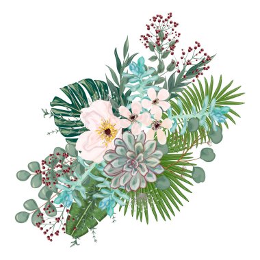 Çiçek desenli suluboya. Çiçekler ve yapraklar, el çizimi illüstrasyon, vektör