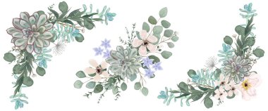 suluboya el, çiçekli ve yapraklı güzel bir çiçek deseni çizmiş.