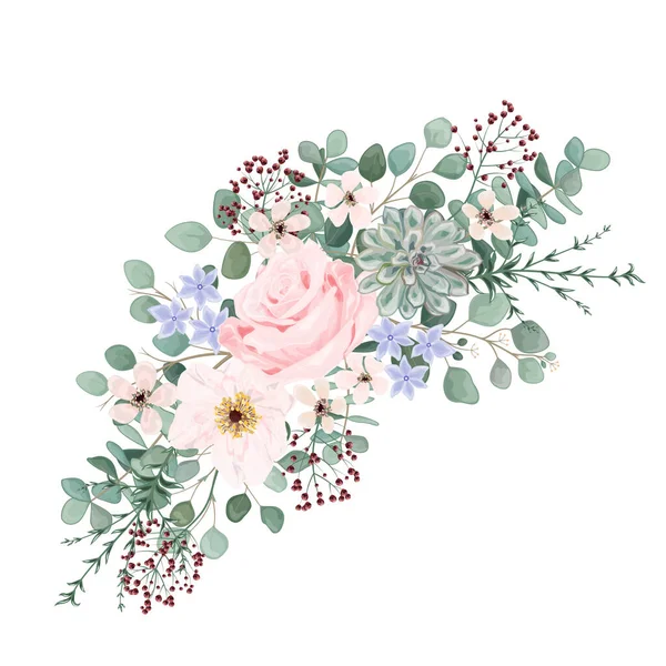 Akvarell Virág Minta Virágok Levelek Ágak Bogyók Bimbók Rózsák Eukaliptusz — Stock Vector