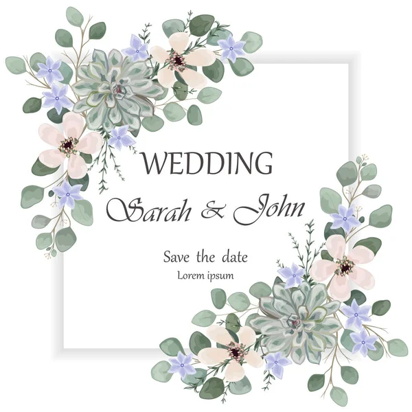 Einladungskarte Zur Hochzeit Mit Blumen Und Blättern Vektorillustration — Stockvektor
