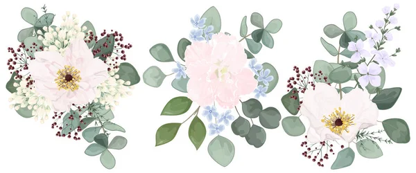 Watercolor Floral Pattern Flowers Leaves Branches Berries Buds Roses Eucalyptus —  Vetores de Stock