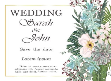 Çiçekli ve yapraklı düğün davetiyesi. vektör illüstrasyonu