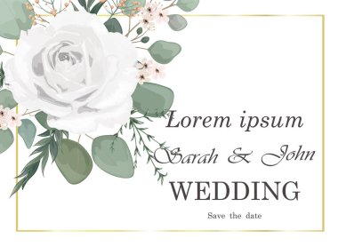 Çiçekli ve yapraklı düğün davetiyesi. vektör illüstrasyonu