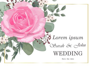 Çiçekli ve yapraklı düğün davetiyesi. vektör illüstrasyonu