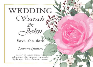 Çiçekli ve yapraklı düğün davetiyesi. vektör illüstrasyonu
