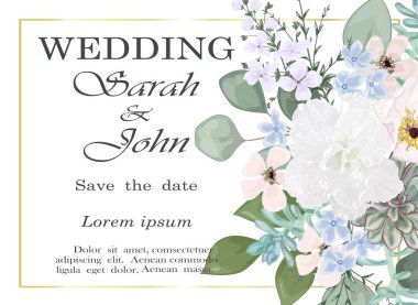 Çiçekli ve yapraklı düğün davetiyesi. vektör illüstrasyonu