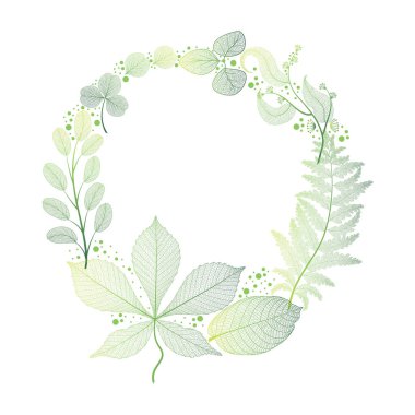 Yaprakları ve çiçekleri çelenk. Vektör Illustration