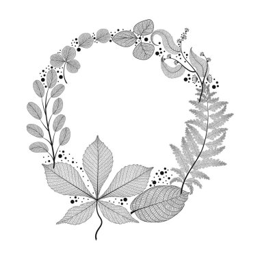 Yaprakları ve çiçekleri çelenk. Vektör Illustration