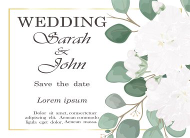 Çiçekli ve yapraklı düğün davetiyesi. vektör illüstrasyonu