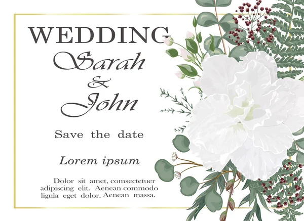 Çiçekli ve yapraklı düğün davetiyesi. vektör illüstrasyonu