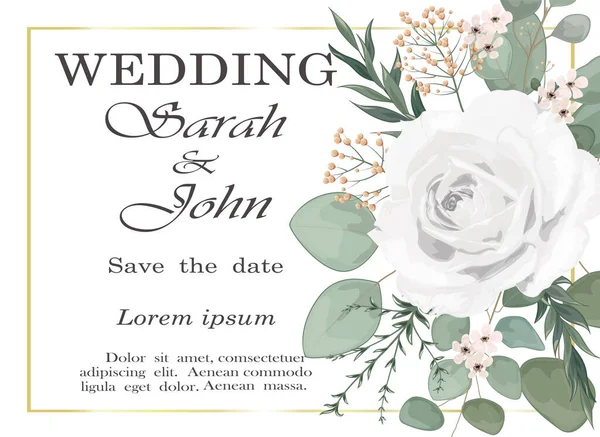 Çiçekli ve yapraklı düğün davetiyesi. vektör illüstrasyonu