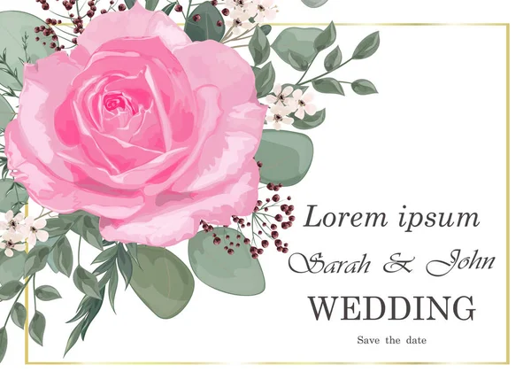 Çiçekli ve yapraklı düğün davetiyesi. vektör illüstrasyonu