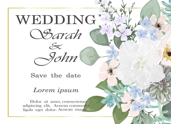 Çiçekli ve yapraklı düğün davetiyesi. vektör illüstrasyonu