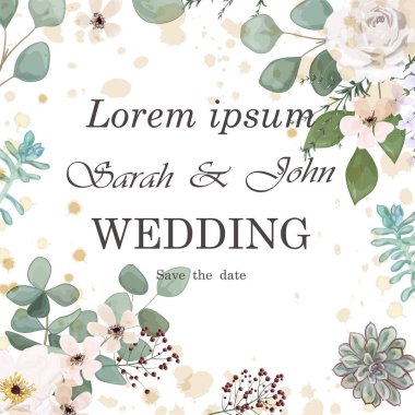 Çiçekler, yapraklar, böğürtlenler, bitkiler ve diğer unsurlarla düğün davetiyesi.