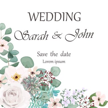 Çiçekli ve yapraklı düğün davetiyesi. vektör illüstrasyonu
