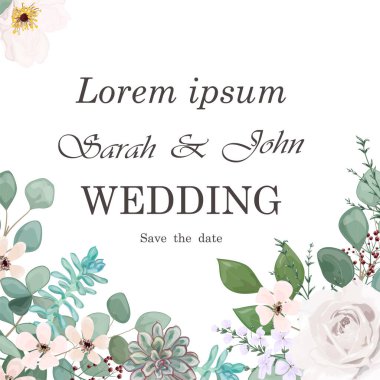 Çiçekli ve yapraklı düğün davetiyesi. vektör illüstrasyonu