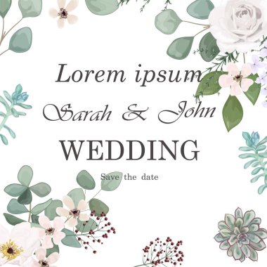 Çiçekli ve yapraklı düğün davetiyesi. vektör illüstrasyonu