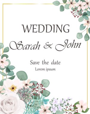 Çiçekli ve yapraklı düğün davetiyesi. vektör illüstrasyonu