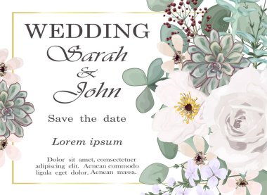 Çiçekli ve yapraklı düğün davetiyesi. vektör illüstrasyonu