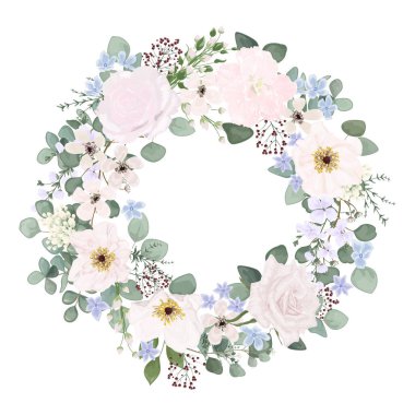 çiçekli suluboya çerçeve, yapraklar, dallar, böğürtlenler, tomurcuklar, çiçekler, botanik, ilkbahar,