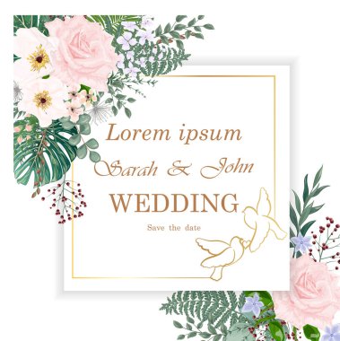 Çiçekli düğün davetiyesi. vektör illüstrasyonu