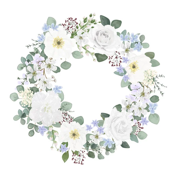 Akvarell Virágkoszorú Virágokkal Levelekkel Rügyekkel Ágakkal Bogyókkal Tavaszi Botanikai Nyári — Stock Vector
