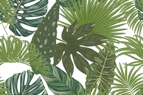 Elle Çizilmiş Palmiye Yapraklarıyla Kusursuz Desen Yaz Arkaplanı Vektör Illüstrasyonu — Stok Vektör