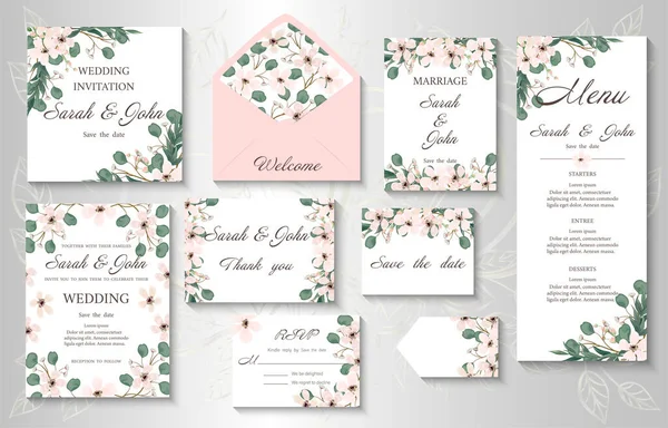 Set Wedding Cards Flowers Leaves — Διανυσματικό Αρχείο